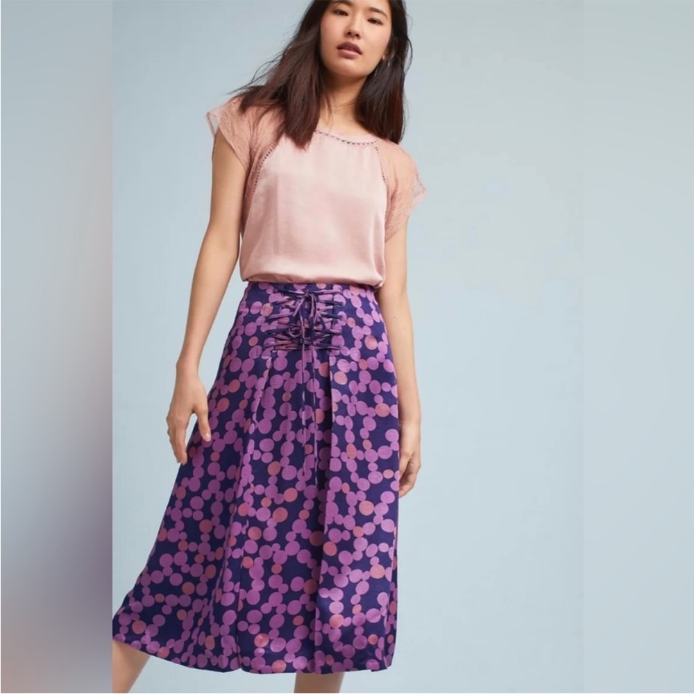 Anthropologie Maeve Zadie Lace Up Midi Skirt Purple Polka Dot Sz 8 - Picture 4 of 11